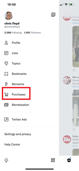 Twitter 'Purchases' tab