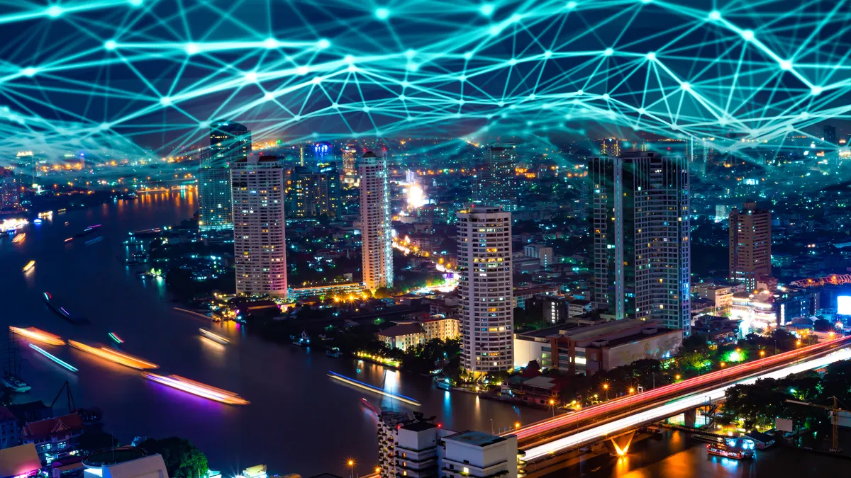 City skyline at night.