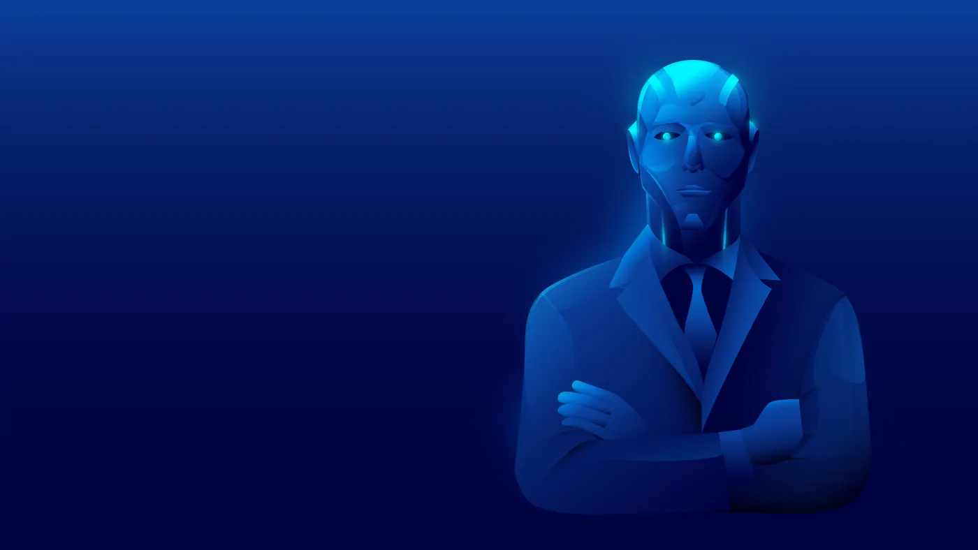 AI business person stands with arms crossed