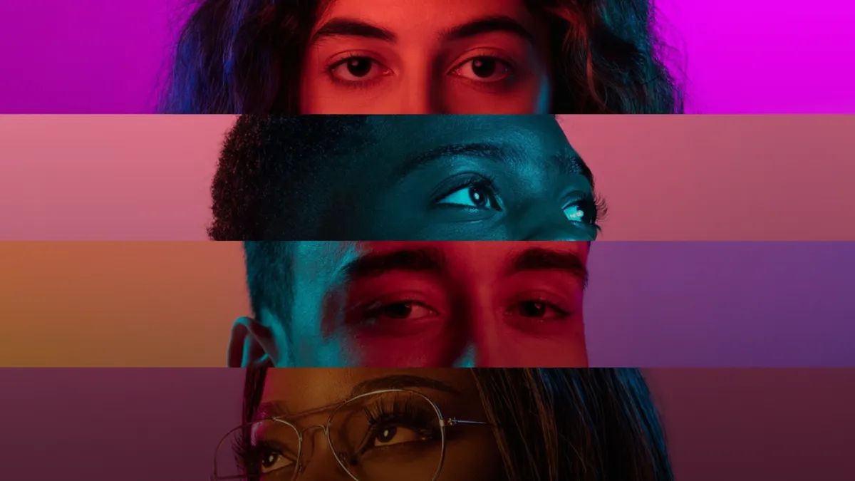 Collage of close-up male and female eyes isolated on colored neon backgorund. Multicolored stripes