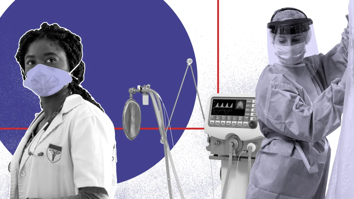 A collage showing two nurses, one standing with a mask and another donned in personal protective equipment pulling a curtain shut.