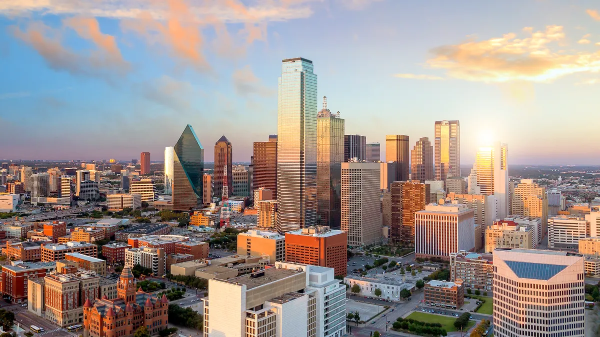 City skyline with high rises.