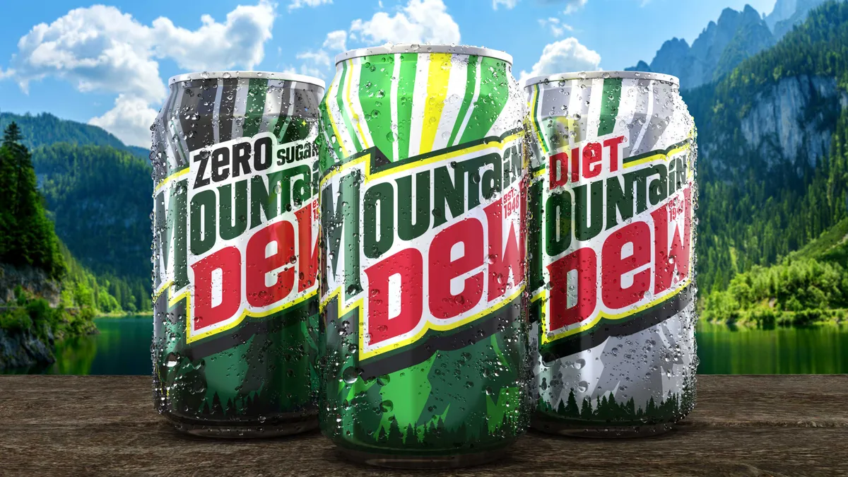 Mountain Dew cans with a new logo