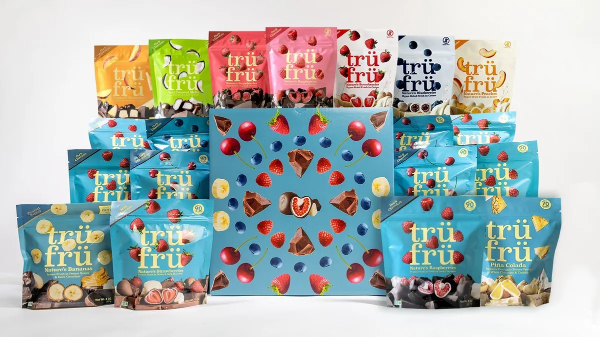 Packages of Tru Fru's frozen and freeze-dried snacks grouped together.
