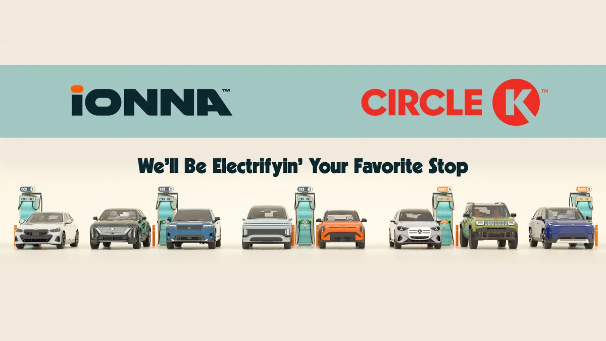 An image of a number of vehicles at EV chargers against a tan background. Text above the image says "Ionna. Circle K. We'll be electrifying your favorite stop."