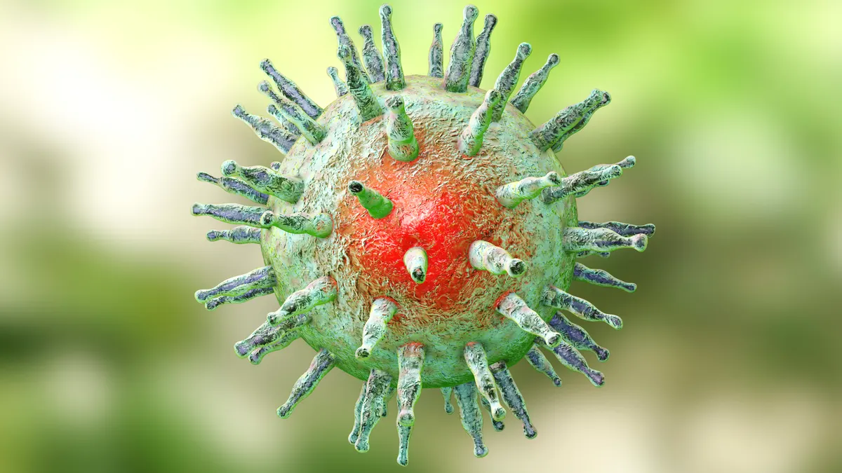 AA 3D illustration of a virus on a blurred background.