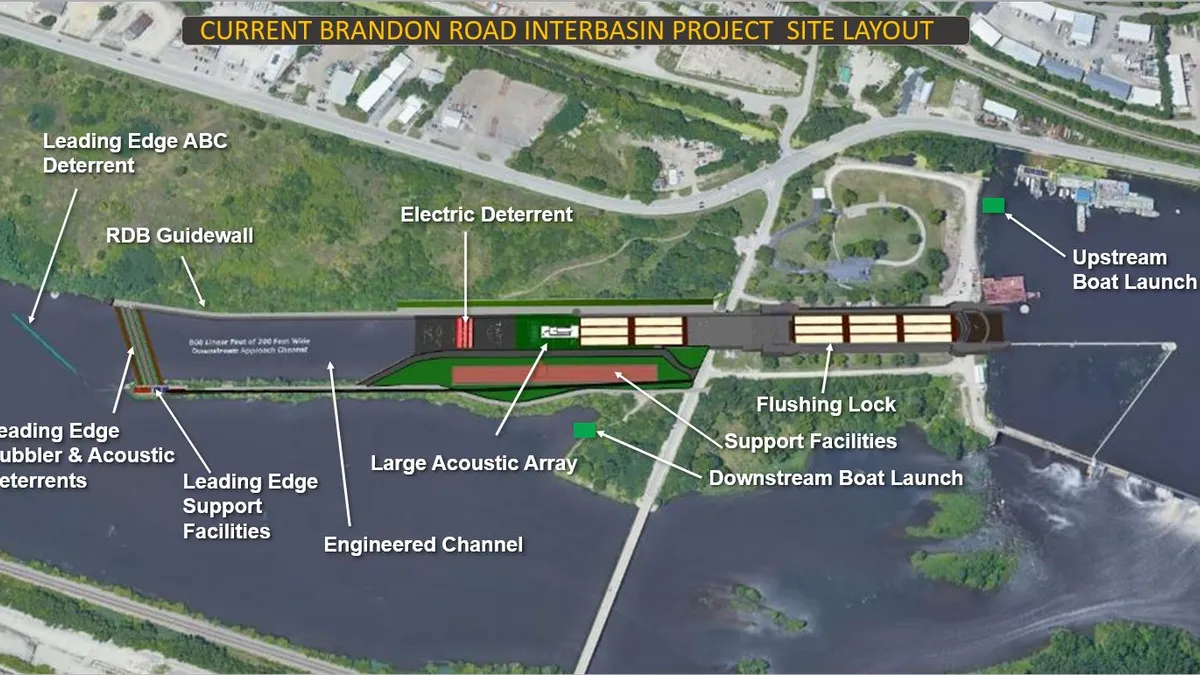 An overhead diagram of future construction plans of the Brandon Road Interbasin Project, which is meant to prevent invasive carp and other species from embedding in the Great Lakes region.