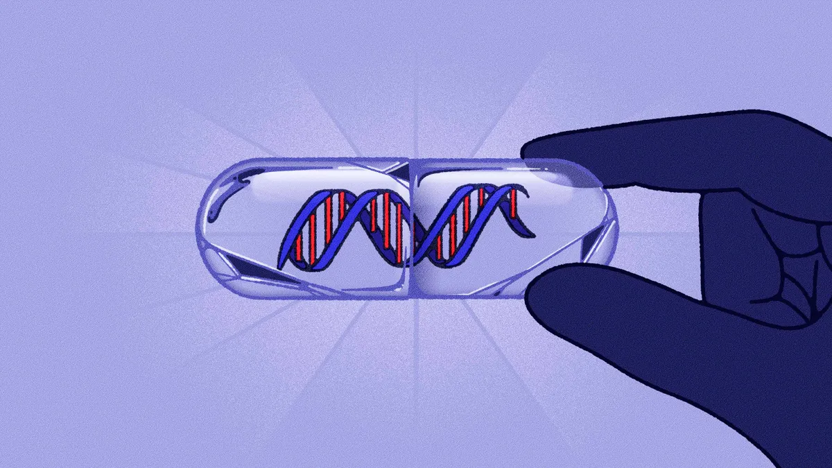 An illustration of two fingers holding a crystal glass pill with a DNA strip floating inside.