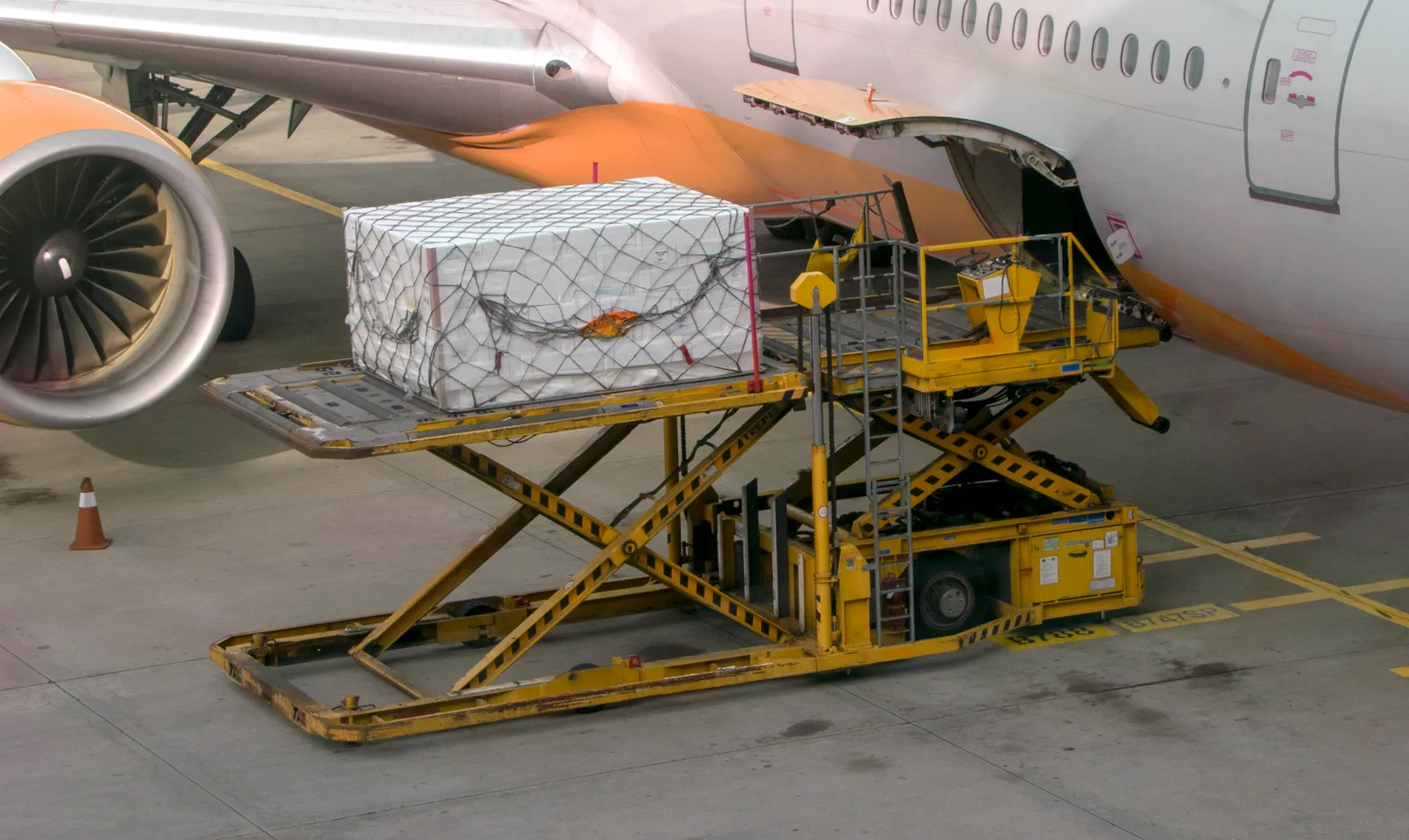 Cargo is loaded into the belly of a passenger aircraft.