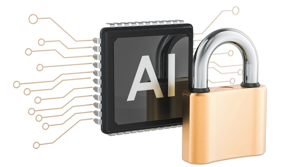 An black AI chip with the letters AI on it, next to a gold and silver padlock