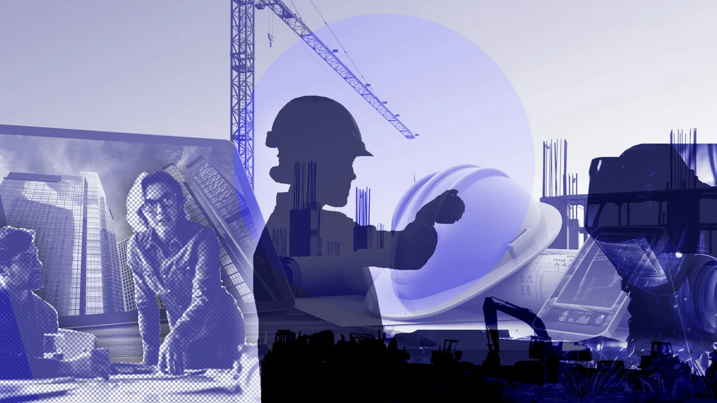 A person wearing a hard hat points into the distant. They are surrounded by a collage of buildings, a welder, and a corporate office.