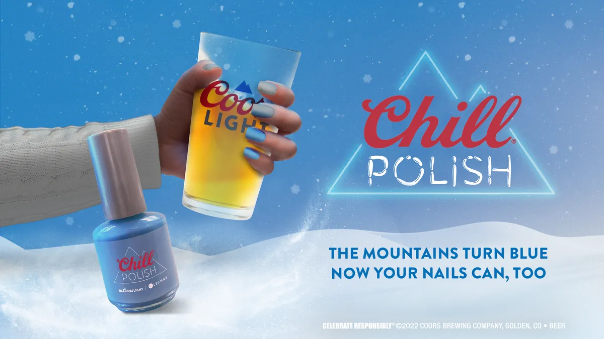 An illustration of the Coors Light nail polish on a hand holding a beer class.