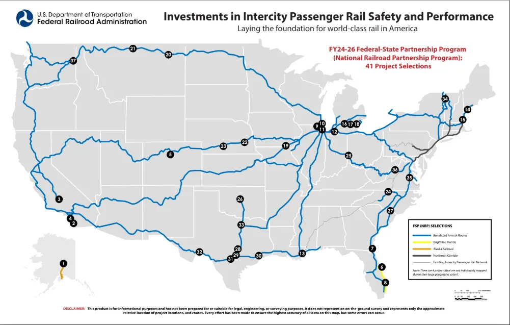 U.S. map with lines indicating passenger rail routes and dots for each new project.