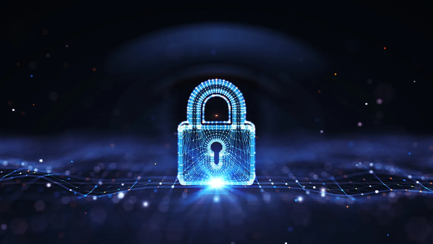 a luminescent lock on top of a blue contoured surface