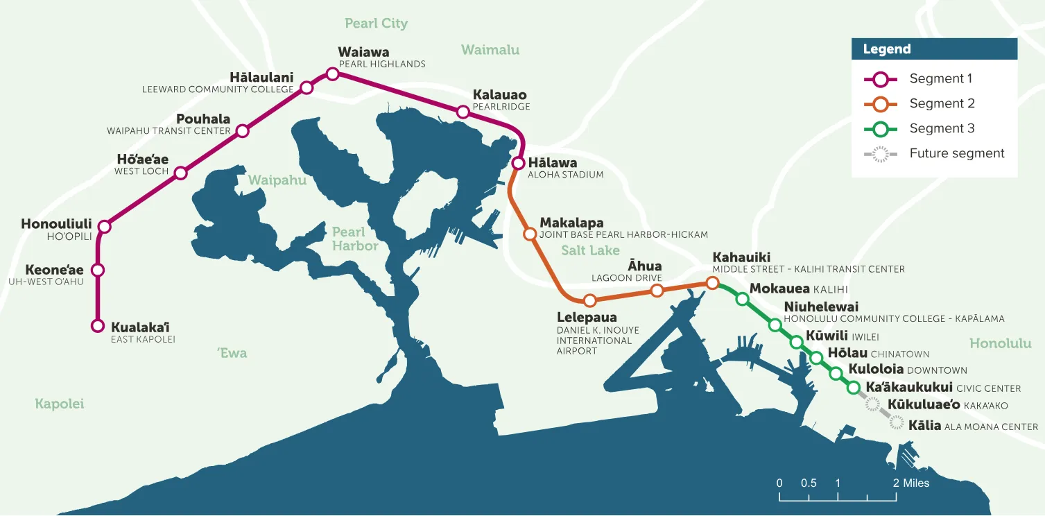 Map shows Honolulu Rail Transit Project segments 1, 2, 3 and future two stations.