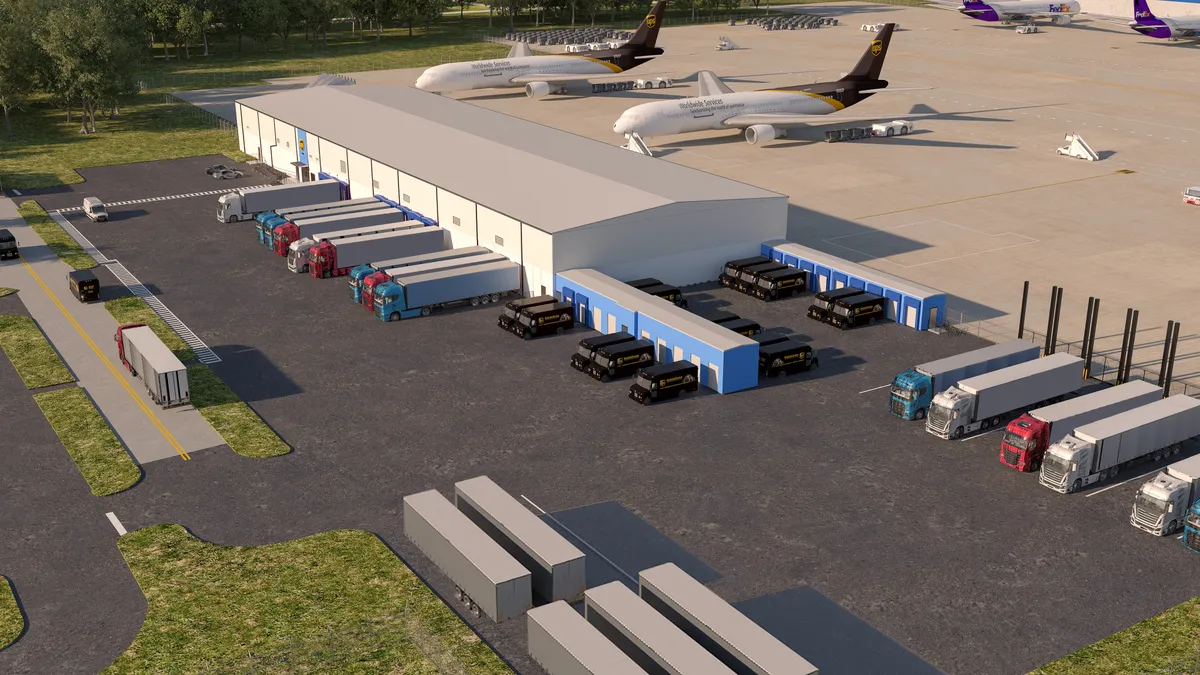 A rendering of UPS' new sorting facility, with cargo trucks on one end and airplanes on the other, and you can see a neighboring facility in the back.