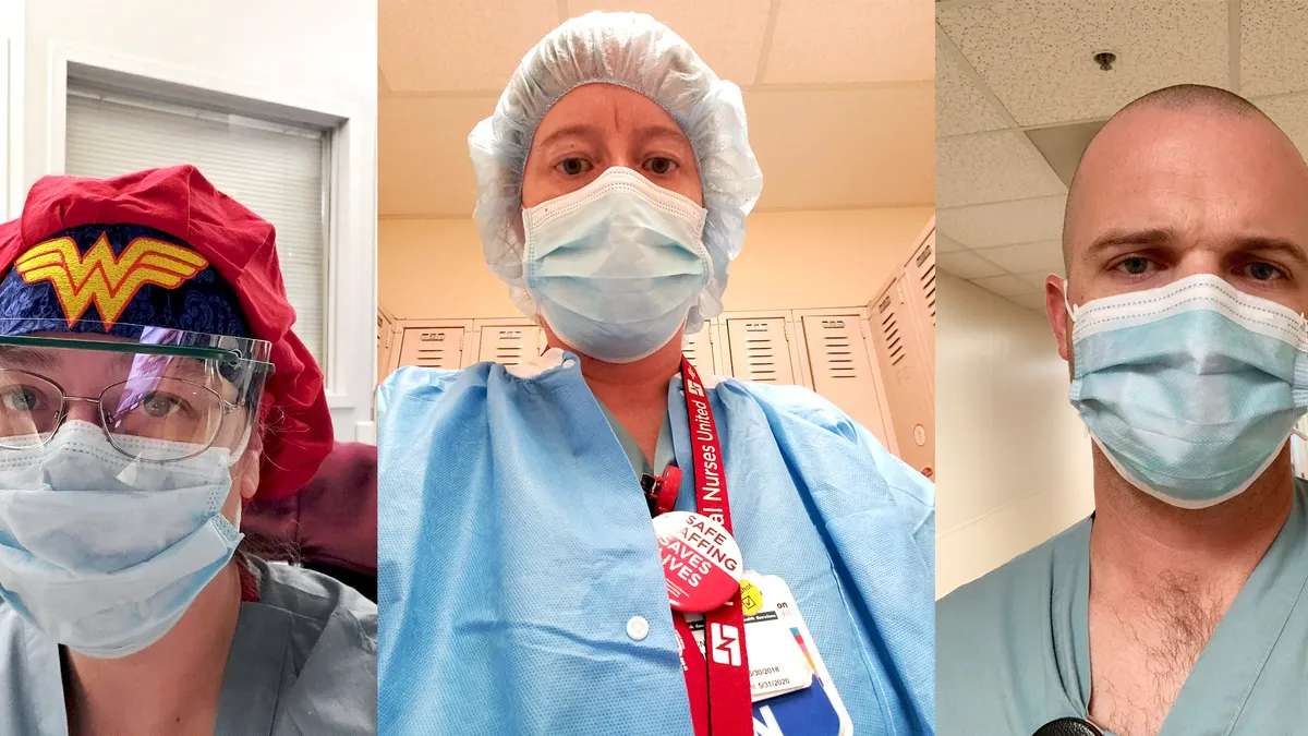 Three nurses on the frontlines of the pandemic don their personal protective equipment.