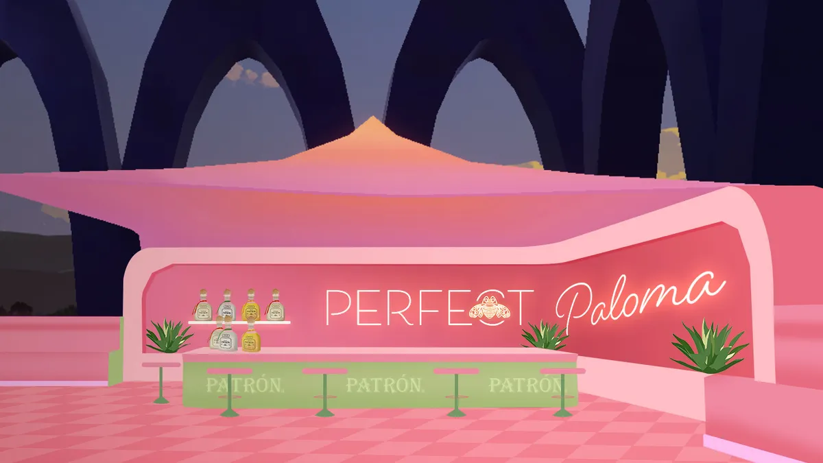 A pink bar in Decentraland displays virtual Patron bottles and branding, along with signage reading "PERFECT Paloma."