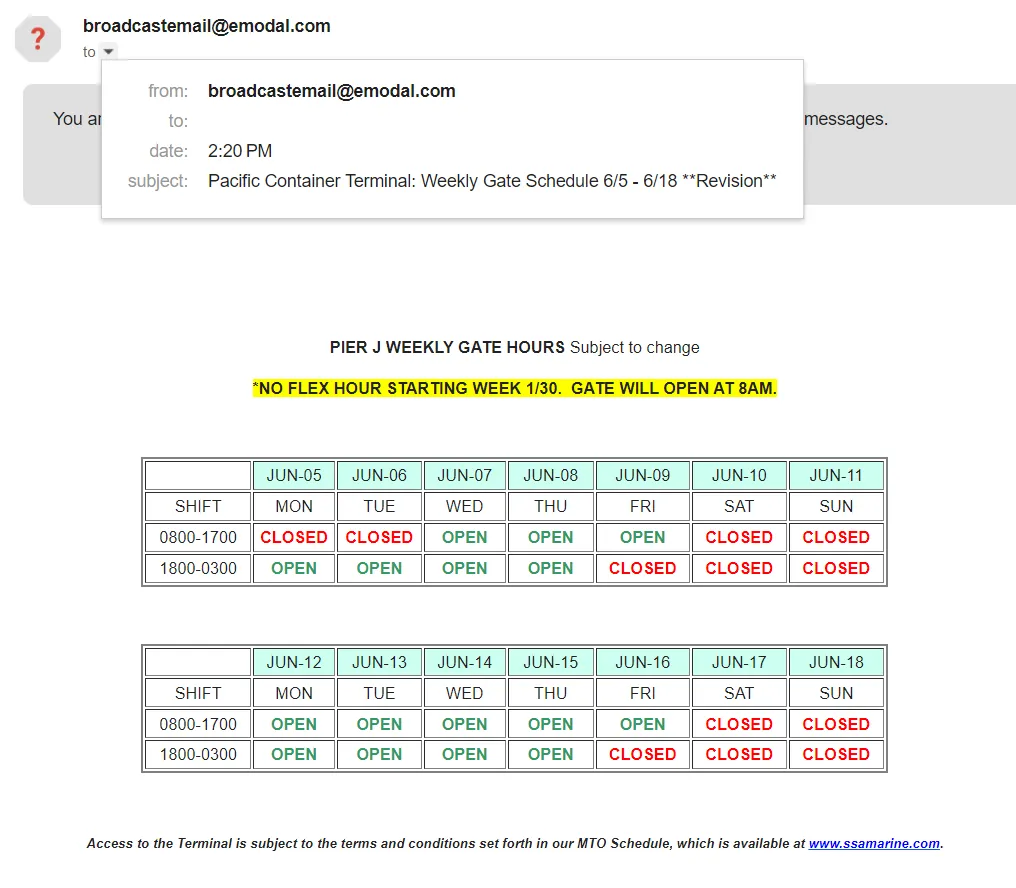 A PCT email detailing gate hours for June 5 and June 6