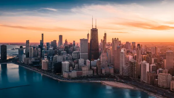 Aerial view of a city on a river.
