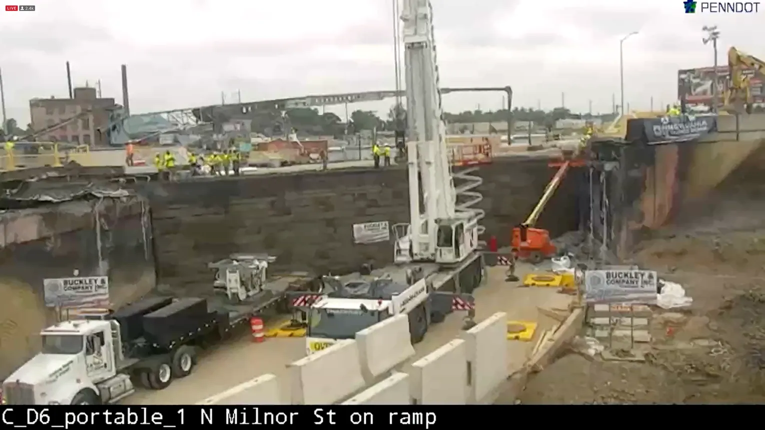 Work continues at the site in a view from the Pennsylvania Department of Transportation's live feed of the highway repairs.