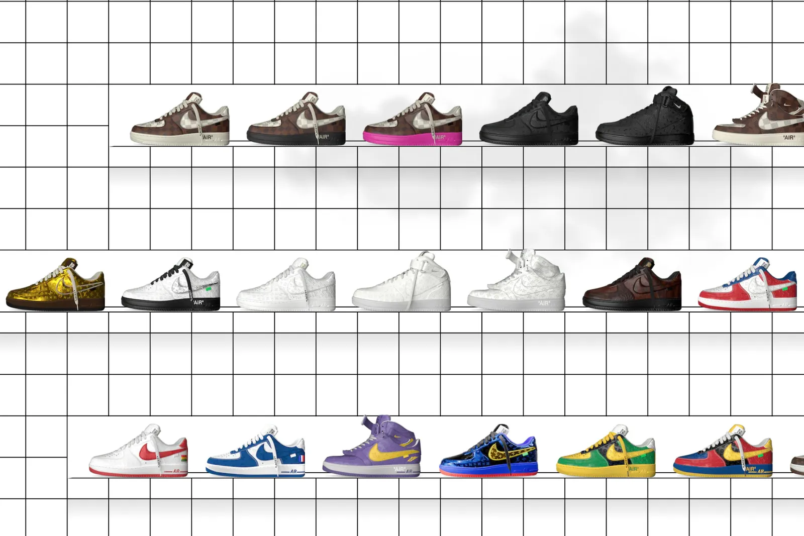 Several shoes are seen on a gridded backdrop.