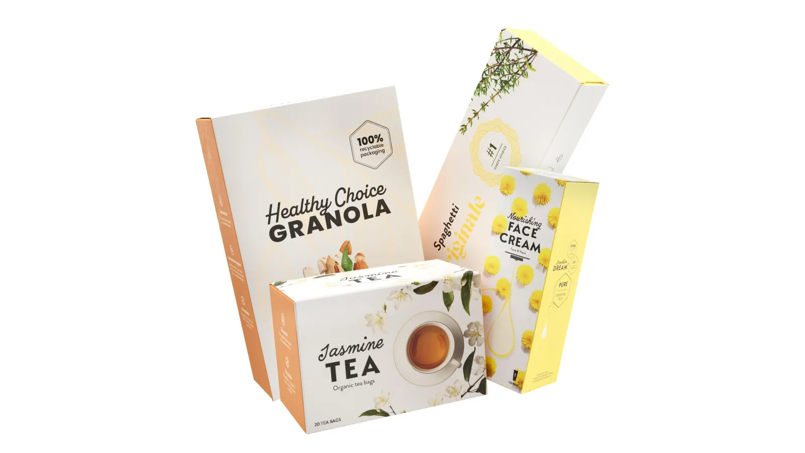 Four different sizes and shapes of white and yellow food product boxes.