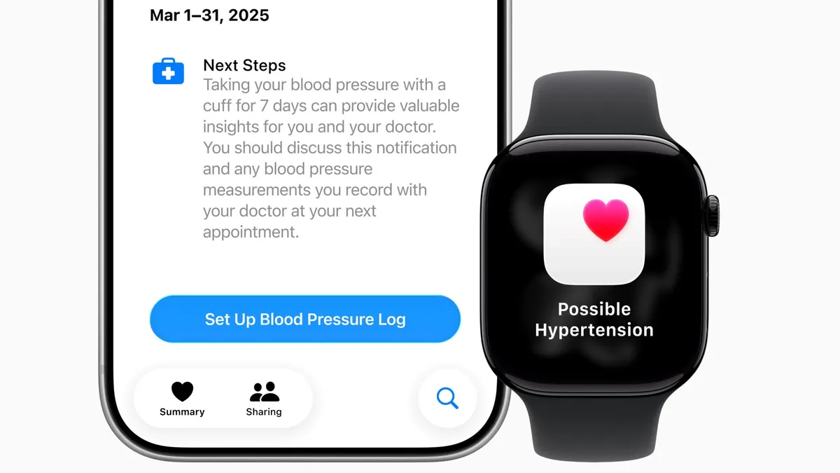 A phone screen says "possible hypertension", and a watch next to the phone displays the same message.