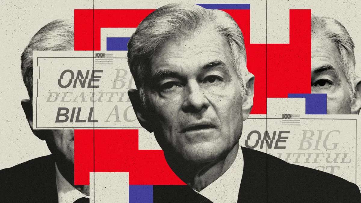 A stylized collage shows Mehmet Oz in grayscale repeated across the background, overlaid with bold red geometric shapes and faint newspaper-style text reading “One Big Beautiful Bill Act.”