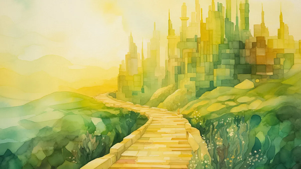 Watercolor drawing of yellow brick road leading to city by AI