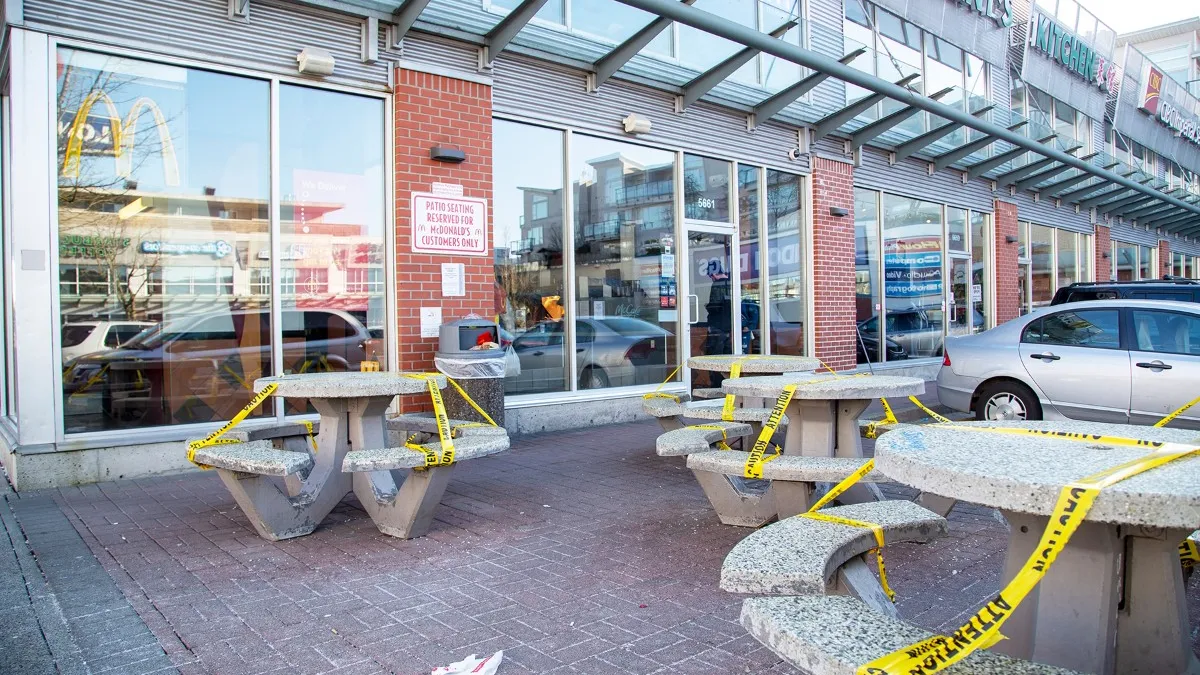 A McDonald's in Vancouver, Canada, closed its outdoor seating during the novel coronavirus pandemic in 2020.