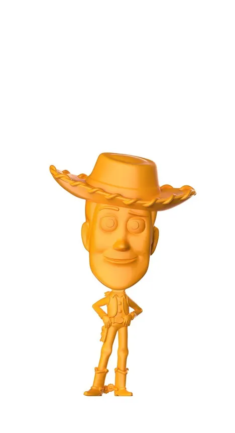 A plastic yellow spoon shaped like Woody from Toy Story.