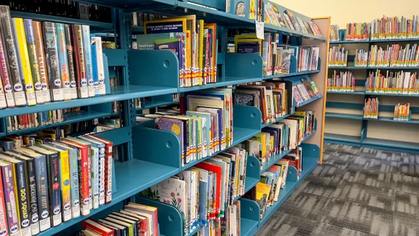 Rows of colorful books sit in shelves of a school library.