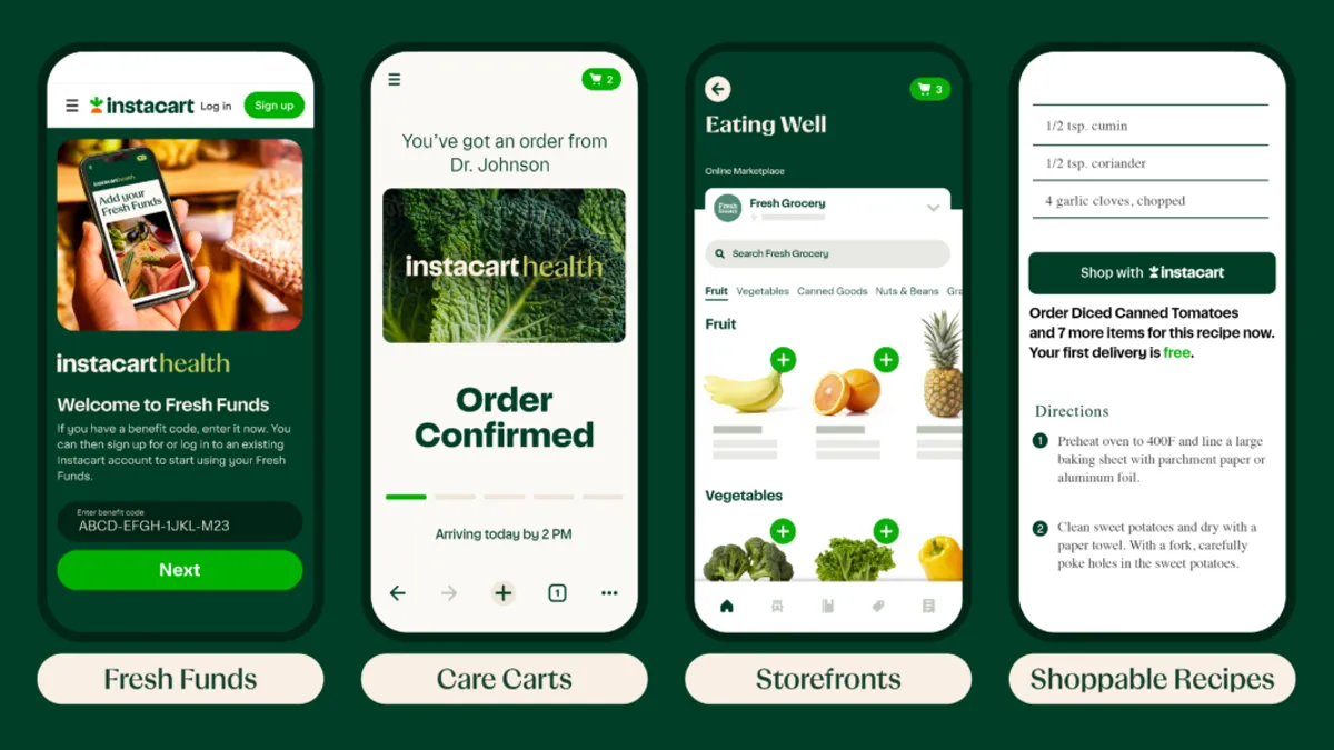 Four images of Instacart's app depicting Fresh Funds, Care Carts, a virtual storefront and shoppable recipes.