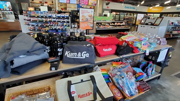A photo of a display of Kum & Go merchandise.