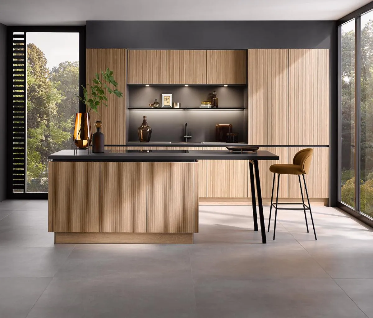 A kitchen with wooden cabinets.