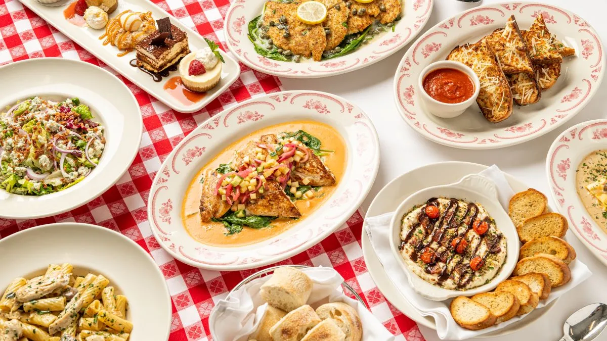 Various Italian dishes, pastas and entrees from Maggiano's set on a red and white checkered table cloth.