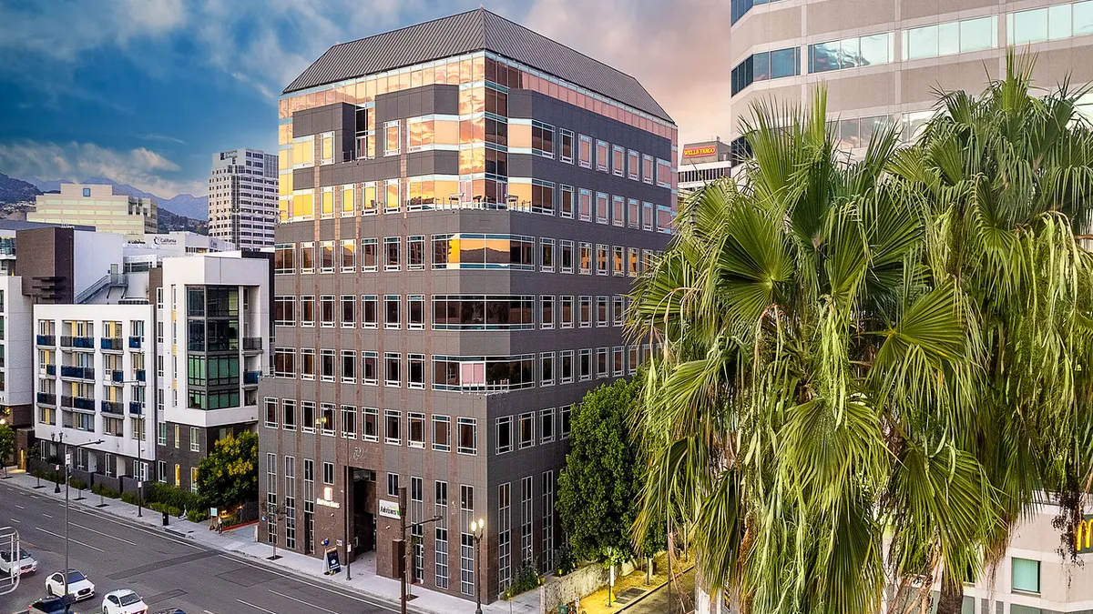 An apartment building converted from an office building.