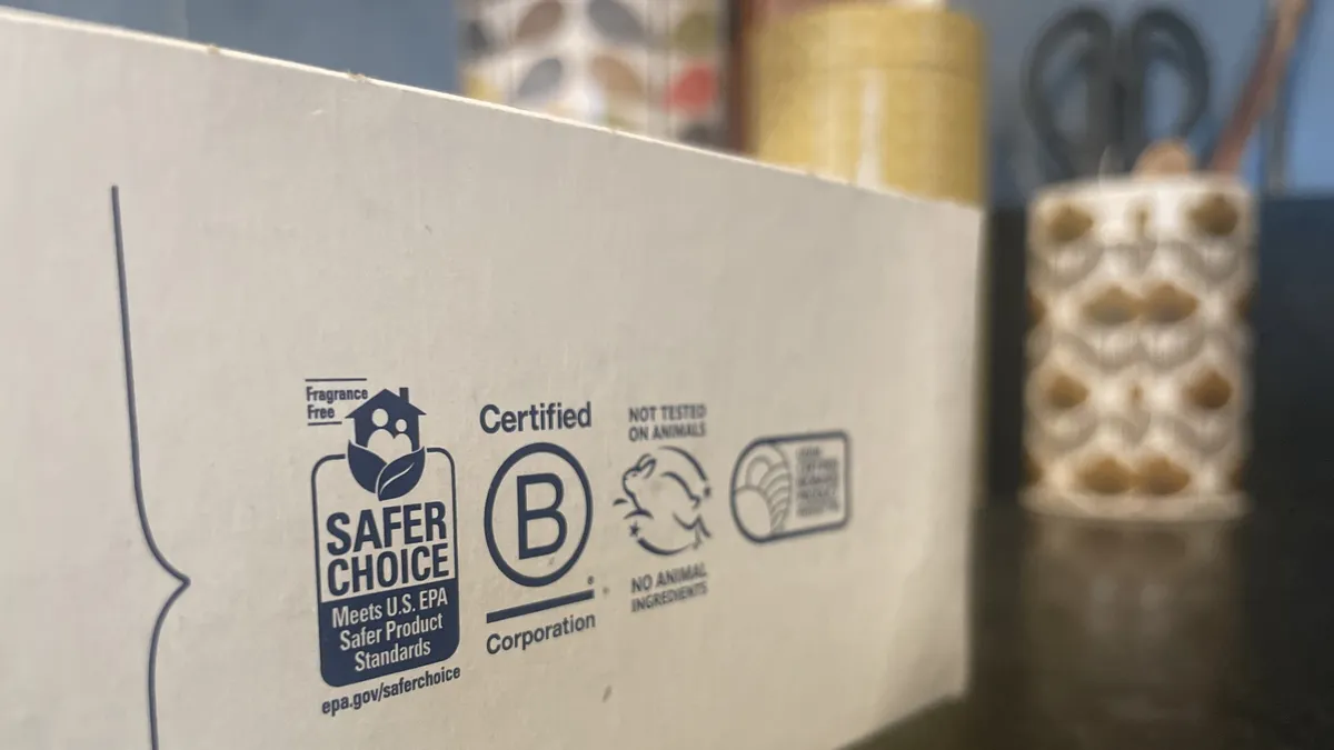 Close up of EPA Safer Choice label on a box of dishwashing detergent