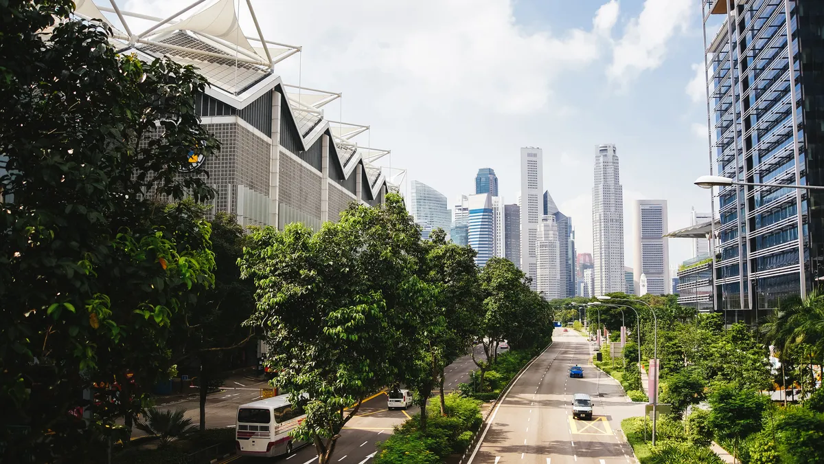 City infrastructure depicted with a skyline and 2-way street