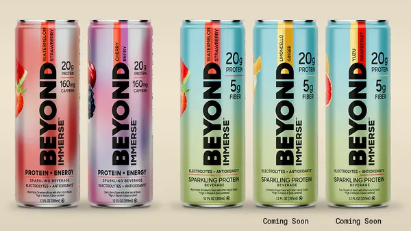 Five cans of Beyond Immerse, including those with energy, are depicted next to each other.