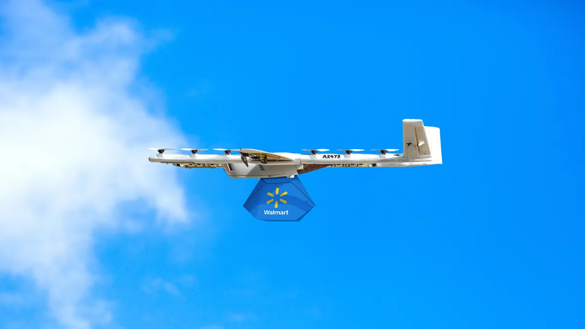 A Wing drone carrying a Walmart delivery.