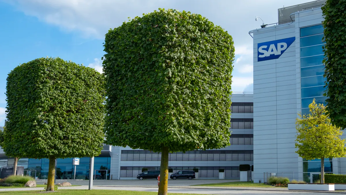 An SAP logo is seen on a building at the software company's corporate campus in Walldorf, Germany on July 29, 2024.