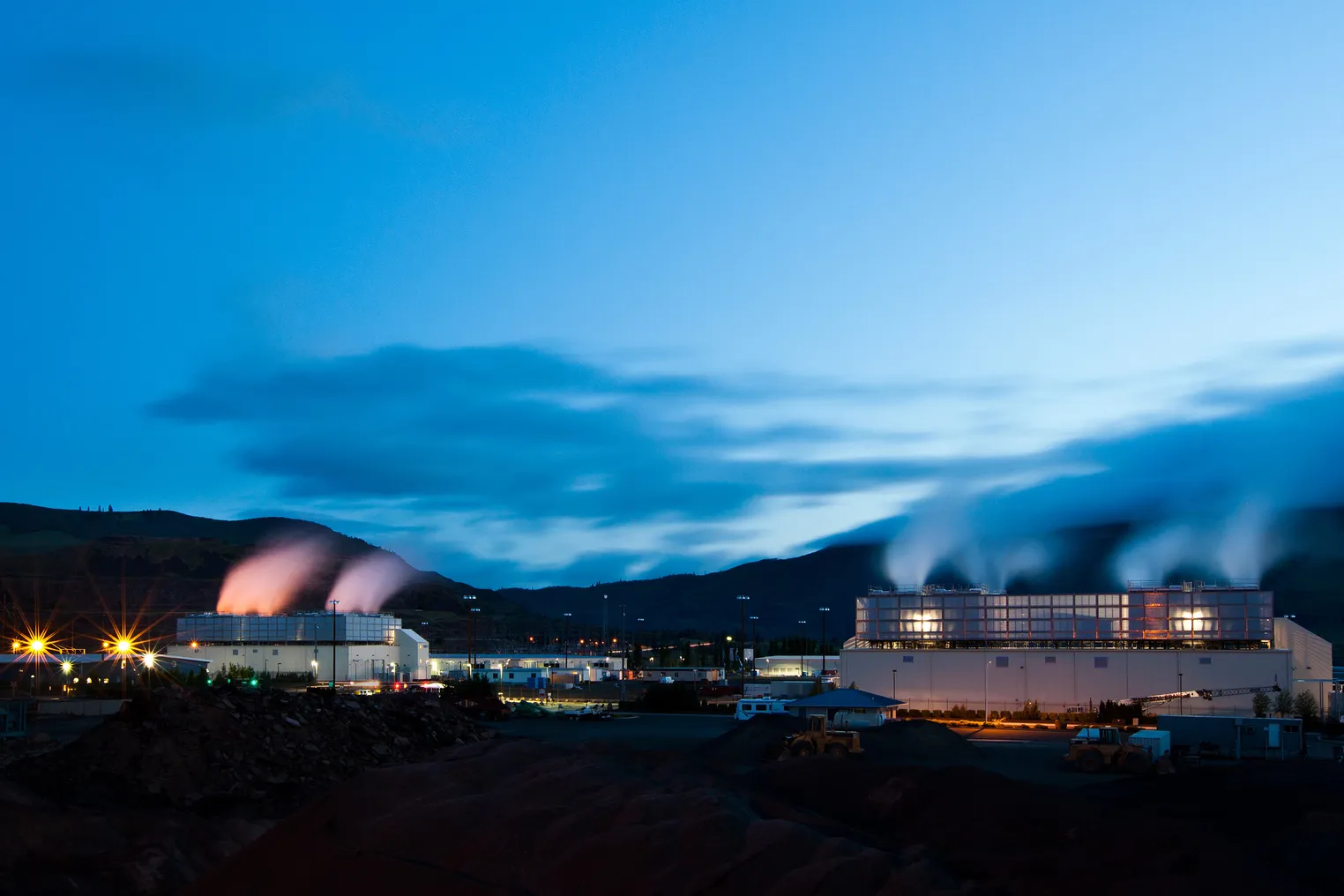 Plumes of steam rise above Google's cooling towers at its data center at The Dalles, Oregon.