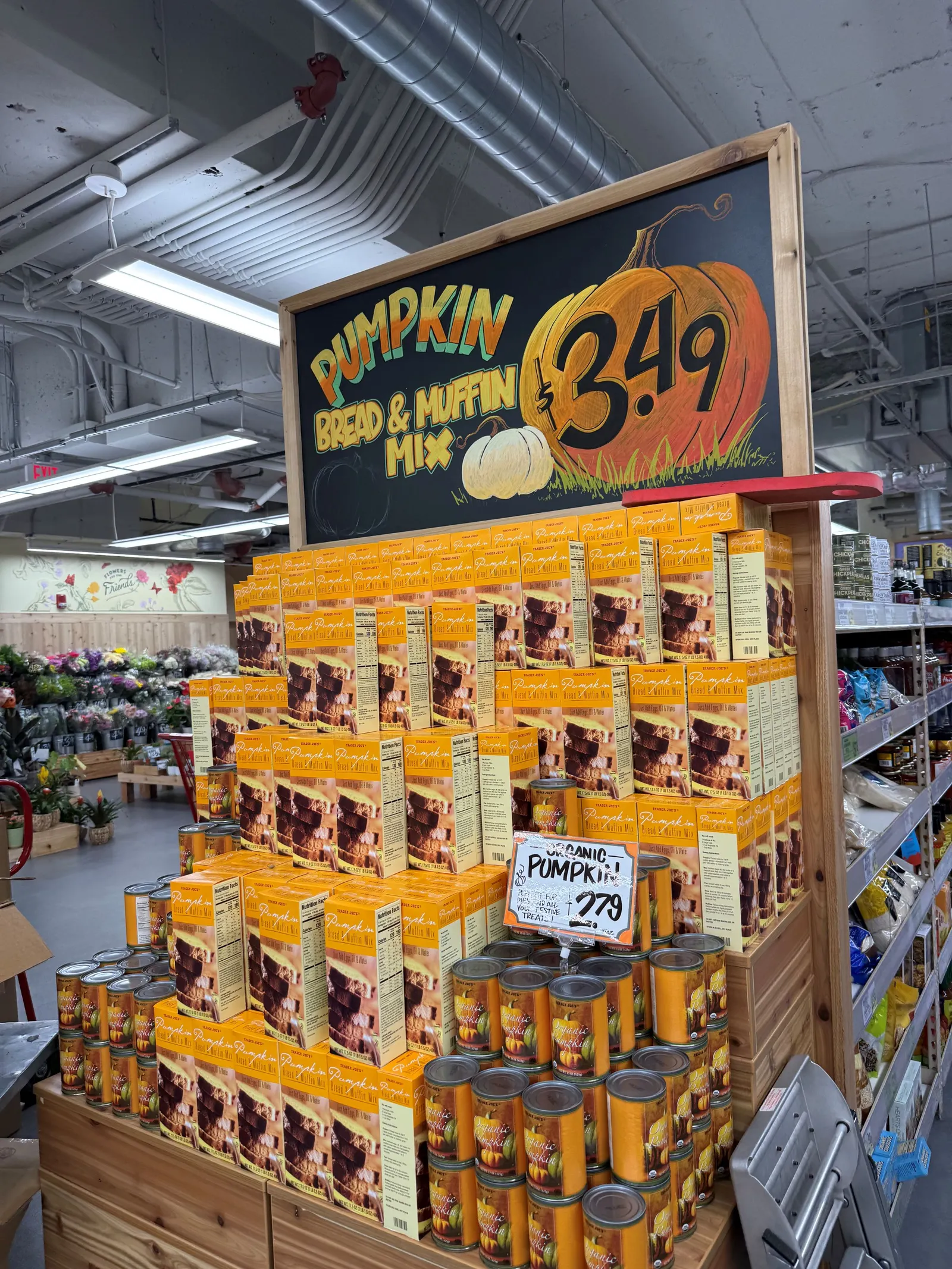 An endcap of pumpkin bread and muffin mix at a grocery store.
