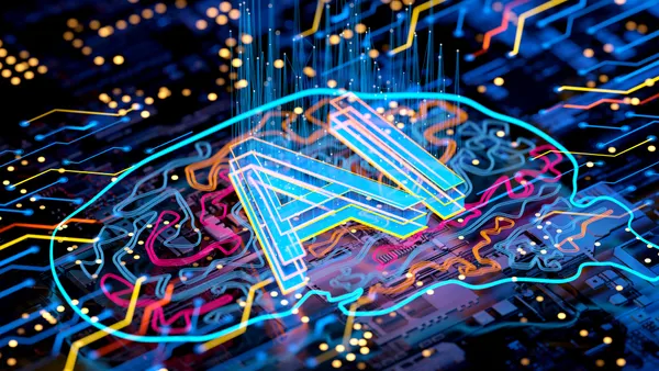 Digital background depicting innovative technologies in (AI) artificial systems, neural interfaces and internet machine learning technologies