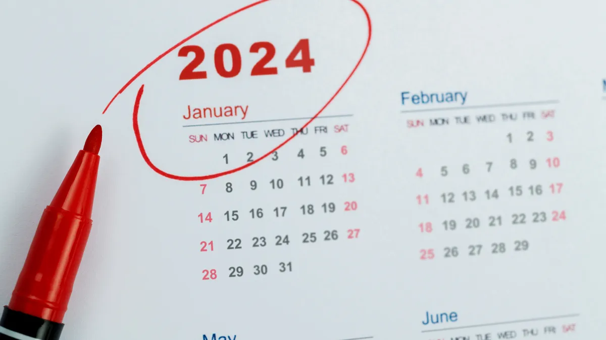 A 2024 calendar with January circled in red