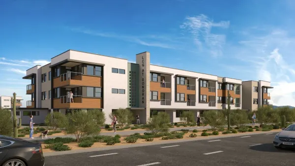 Rendering of Soltra Ironwood, a short apartment building in Phoenix.