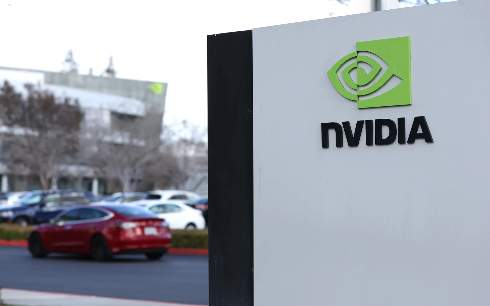 A sign is posted in front of Nvidia headquarters on February 22, 2023 in Santa Clara, California.