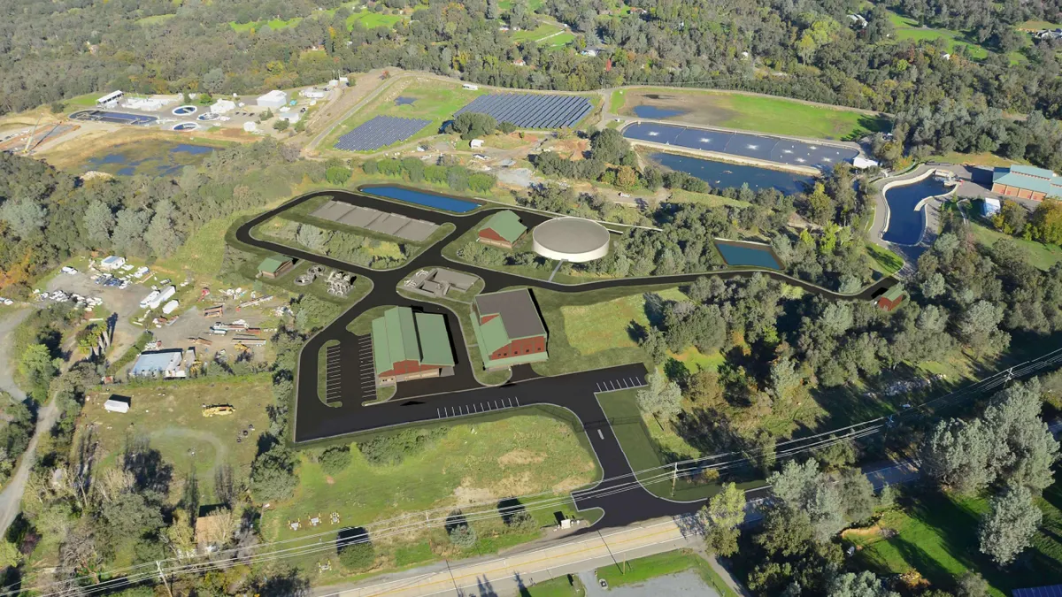 A rendering of a large industrial complex in a green area.